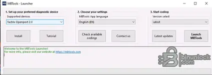 The user interface for the MBTools Launcher, a helper application for Mercedes-Benz coding that supports passthru devices like the Tactrix Openport 2.0.