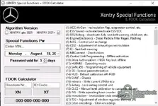 The Xentry Special Functions & FDOK Calculator tool, used for generating passwords to unlock protected functions like SRS deactivation, offline programming, and VIN writing.