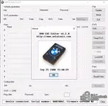 The About screen for BMW EWS Editor v3.2.0, displaying the software name, version, and an image of the required hardware interface.
