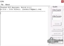 The main user interface of E2PA - The EEPROM/FLASH Analyser v2.0.0, showing the log window and function buttons for Immo Off, Checksum, and Read Protection.