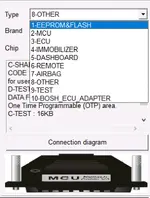 Dropdown menu in VVDIProg listing the supported electronic component types, including EEPROM, MCU, ECU, Immobilizer, and Dashboard. Dropdown menu in VVDIProg listing the supported electronic component types, including EEPROM, MCU, ECU, Immobilizer, and Dashboard.