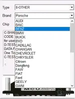A close-up of the brand selection menu in VVDIProg, showcasing the extensive list of supported car manufacturers like BENZ, BMW, Ford, and Porsche.