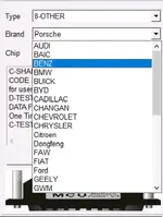 A close-up of the brand selection menu in VVDIProg, showcasing the extensive list of supported car manufacturers like BENZ, BMW, Ford, and Porsche. A close-up of the brand selection menu in VVDIProg, showcasing the extensive list of supported car manufacturers like BENZ, BMW, Ford, and Porsche.