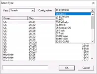 The device selection menu in Orange 5 software, displaying configurations for Airbag, EEPROM, and MCU, along with a list of specific supported chips. The device selection menu in Orange 5 software, displaying configurations for Airbag, EEPROM, and MCU, along with a list of specific supported chips.