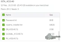 A file list from the BMW ISTA+ 4.53.40 package, showing the main 21GB GLOBAL data pack, and the English and Russian language packs.