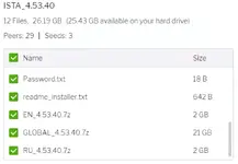 A file list from the BMW ISTA+ 4.53.40 package, showing the main 21GB GLOBAL data pack, and the English and Russian language packs. A file list from the BMW ISTA+ 4.53.40 package, showing the main 21GB GLOBAL data pack, and the English and Russian language packs.