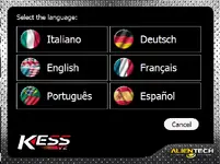 The language selection screen in Ksuite 2.80, offering options for English, German, Spanish, French, Italian, and Portuguese.