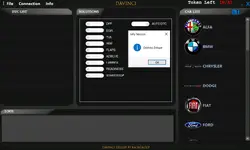 The Davinci Deluxe software displaying its extensive car list, including BMW, Chrysler, and Ford, with the Info Version box open. The Davinci Deluxe software displaying its extensive car list, including BMW, Chrysler, and Ford, with the Info Version box open.