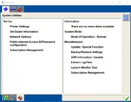 The System Utilities screen in Ford IDS, with options for printer settings, network options, and subscription management.
