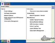 The System Utilities screen in Ford IDS, with options for printer settings, network options, and subscription management.