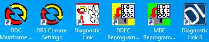 Desktop icons for the Detroit Diesel diagnostic suite, including DDC Mainframe, Diagnostic Link 6, and the modern Diagnostic Link 8. Desktop icons for the Detroit Diesel diagnostic suite, including DDC Mainframe, Diagnostic Link 6, and the modern Diagnostic Link 8.