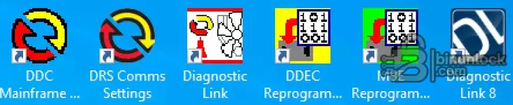 Desktop icons for the Detroit Diesel diagnostic suite, including DDC Mainframe, Diagnostic Link 6, and the modern Diagnostic Link 8.