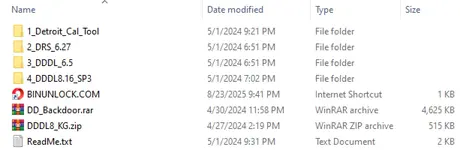 The file list for the Detroit Diesel diagnostic package, showing folders for DDDL 6.5, DDDL 8.16, DRS, and the DDDL8 keygen. The file list for the Detroit Diesel diagnostic package, showing folders for DDDL 6.5, DDDL 8.16, DRS, and the DDDL8 keygen.