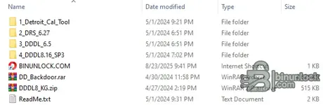 The file list for the Detroit Diesel diagnostic package, showing folders for DDDL 6.5, DDDL 8.16, DRS, and the DDDL8 keygen.