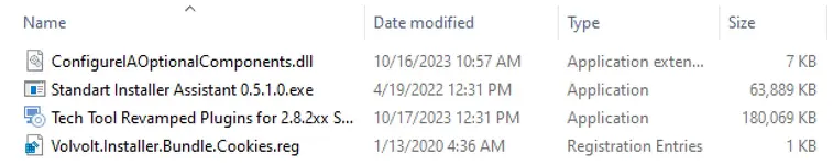 The core offline installer files for Volvo Tech Tool, including the Installer Assistant, Revamped Plugins, and a registry file.