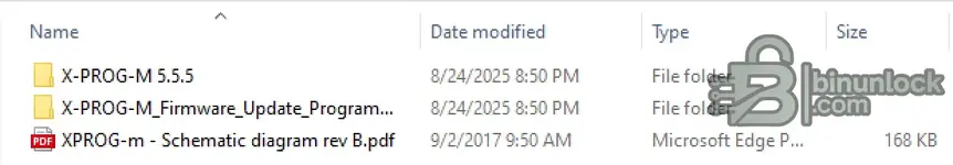 The contents of the XPROG-M repair kit, showing the v5.5.5 software, firmware update utility, and the full hardware schematic diagram.nts.png
