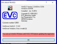 The About window for WinOLS, showing the version as 2.24.00 and information about the cracked registration status.