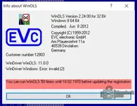 The About window for WinOLS, showing the version as 2.24.00 and information about the cracked registration status. The About window for WinOLS, showing the version as 2.24.00 and information about the cracked registration status.