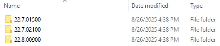 Software version folders for GM GDS2, showing different releases like 22.7.01500 and 22.8.00900. Software version folders for GM GDS2, showing different releases like 22.7.01500 and 22.8.00900.