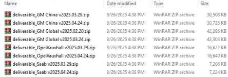 A list of the 2025 database deliverable files for GM GDS2, showing separate archives for GM China, GM Global, Opel/Vauxhall, and Saab. A list of the 2025 database deliverable files for GM GDS2, showing separate archives for GM China, GM Global, Opel/Vauxhall, and Saab.