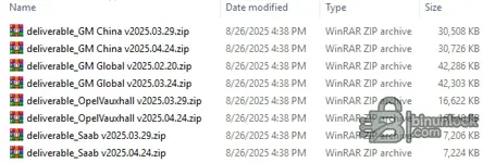 A list of the 2025 database deliverable files for GM GDS2, showing separate archives for GM China, GM Global, Opel/Vauxhall, and Saab.
