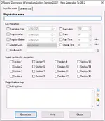 The user interface of the keys generator (keygen) for ODIS Service 23.0.1, showing license properties like expiration date, executions, and hardware ID lock.
