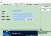 The Gasoline (ME 7) tab of the VAG ECU EEPROM Calculator, providing PIN code retrieval and an Immo Off button.