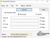 The Clip tab of the Renault Pin Extractor, used to calculate an Incode from an Outcode and VIN for the CAN Clip tool.