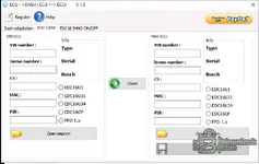 The ECU Clone tab of the VAG tool v1.8, used to transfer immobilizer data from an old Bosch EDC16 ECU to a new one.