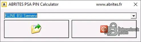 The main interface of the ABRITES PSA PIN Calculator, showing the BSI selection dropdown and buttons to open a file and start the calculation.