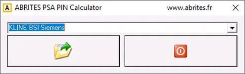 The main interface of the ABRITES PSA PIN Calculator, showing the BSI selection dropdown and buttons to open a file and start the calculation. The main interface of the ABRITES PSA PIN Calculator, showing the BSI selection dropdown and buttons to open a file and start the calculation.