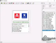 The full dropdown list of supported actions in the PSA Calculator, including functions for EDC15, EDC16, SID803, and various Magneti Marelli ECUs. 