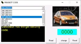 The dropdown menu in the Peugeot Code Calculator, showing a list of supported BSI modules from vehicles like the Peugeot 206, 307, and 607. The dropdown menu in the Peugeot Code Calculator, showing a list of supported BSI modules from vehicles like the Peugeot 206, 307, and 607.