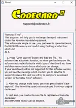 The About window for Komatsu Time by Codecard.lt, providing detailed step-by-step usage instructions.
