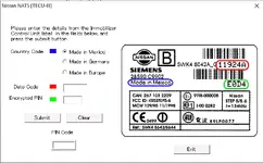 The Nissan NATS PIN code calculator for Siemens immobilizer control units, showing fields for country code, date code, and encrypted PIN. The Nissan NATS PIN code calculator for Siemens immobilizer control units, showing fields for country code, date code, and encrypted PIN.