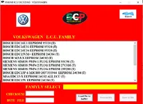 The Volkswagen ECU family list in the ENGINE ECU DECODING tool, showing support for Bosch EDC16 and Siemens Simos. The Volkswagen ECU family list in the ENGINE ECU DECODING tool, showing support for Bosch EDC16 and Siemens Simos.