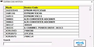 The CUSTOM CODE INFOTECH tool, showing a database that cross-references mask numbers with device codes. The CUSTOM CODE INFOTECH tool, showing a database that cross-references mask numbers with device codes.