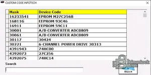 The CUSTOM CODE INFOTECH tool, showing a database that cross-references mask numbers with device codes.