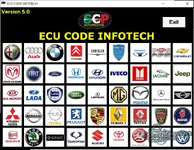 The ECU CODE INFOTECH v5.0 tool, displaying a grid of supported car brand logos.