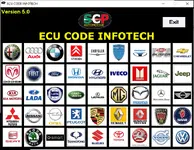 The ECU CODE INFOTECH v5.0 tool, displaying a grid of supported car brand logos. The ECU CODE INFOTECH v5.0 tool, displaying a grid of supported car brand logos.