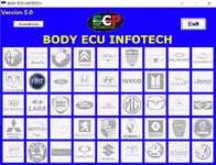 The BODY ECU INFOTECH v5.0 tool, showing a grid of supported car brand logos. The BODY ECU INFOTECH v5.0 tool, showing a grid of supported car brand logos.