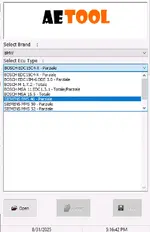 The ECU type selection menu in AETOOL for the BMW brand, listing various Bosch and Siemens ECUs like EDC15C4-X and BMS 46. The ECU type selection menu in AETOOL for the BMW brand, listing various Bosch and Siemens ECUs like EDC15C4-X and BMS 46.