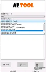 The ECU type selection menu in AETOOL for the BMW brand, listing various Bosch and Siemens ECUs like EDC15C4-X and BMS 46.