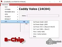 The brand and model selection menu in B-Chip v2.9, showing support for VW, Fiat, and Peugeot, with a sub-menu for specific VW immobilizer systems.