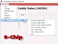 The brand and model selection menu in B-Chip v2.9, showing support for VW, Fiat, and Peugeot, with a sub-menu for specific VW immobilizer systems. The brand and model selection menu in B-Chip v2.9, showing support for VW, Fiat, and Peugeot, with a sub-menu for specific VW immobilizer systems.