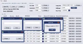 The BMW CAS1 EEPROM Editor showing the various pop-up windows for changing the ISN and VIN, and a confirmation message for resetting the mileage to 0. The BMW CAS1 EEPROM Editor showing the various pop-up windows for changing the ISN and VIN, and a confirmation message for resetting the mileage to 0.