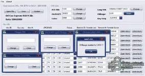 The BMW CAS1 EEPROM Editor showing the various pop-up windows for changing the ISN and VIN, and a confirmation message for resetting the mileage to 0.