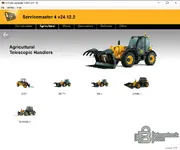 A sub-menu in JCB Servicemaster 4 after selecting Agricultural Telescopic Handlers, showing different model series.
