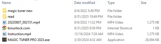 The file list for the Magic Tuner Pro 2023 package, showing the main executable, instruction videos, and various folders. The file list for the Magic Tuner Pro 2023 package, showing the main executable, instruction videos, and various folders.