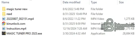 The file list for the Magic Tuner Pro 2023 package, showing the main executable, instruction videos, and various folders.